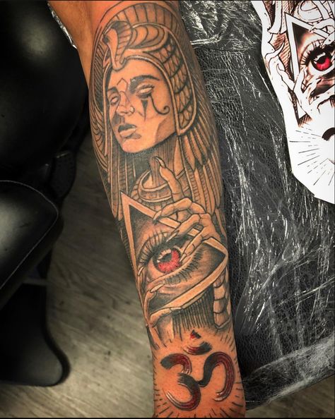 Cleopatra tattoo
All seeing eye 
Aum 
Egyptian tattoo Eye Of Horus Sleeve Tattoo, Egyptian Art Tattoo For Men, Coverup Forearm Tattoos Men, Egyptian Tattoo Forearm, Tattoo Ideas For Men Egyptian, 80s Inspired Tattoos, Ambition Tattoo Design, Cleopatra Tattoo Egyptian, Eygptain Tattoos Design