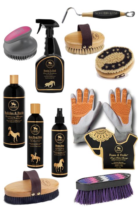 The sight of a clean, well-groomed horse makes me happy. Keeping a horse clean is easier said than done. You’ll need to enlist a few favorite products over and over again for their services. I thought I would share a few must haves to get you started. Of course, you might find you need a... Horse Grooming Kit, Diy Horse, Horse Care Tips, Rasy Koni, Equestrian Helmet, Horse Equipment, Horse Gear, Horse Grooming, Horse Accessories