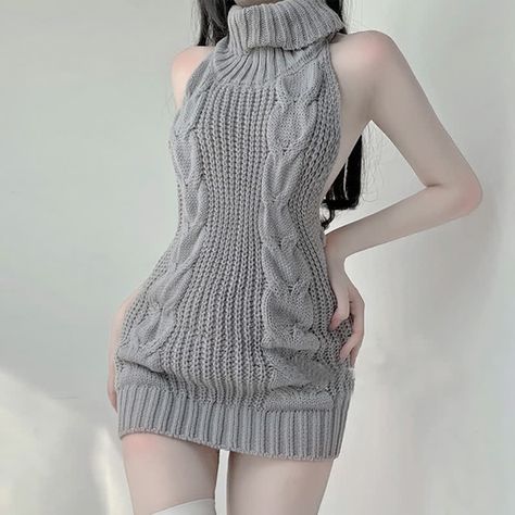 DESCRIPTION   Product ID: MK0385  Material: Polyester, Spandex  Sleeve Length: Sleeveless  Fabric: Knitted  Pattern Type: Solid Color  Color: Grey, Blue, Black  Style: Sexy   Sexy pullover backless virgin killer sweater is made of a woolen type material which is very soft and comfortable.  The sexy sweater is sleeveless, cut out shoulder, sexy backless design with V-type cutout at the bottom.  The sexy backless sweater is a perfect gift for anime cosplay fans, a romantic present for her and your Virgin Killer Sweater, Hollow Sweater, Backless Sweater, Dress With Stockings, Role Play, Elegant Outfit, Gray Dress, Turtleneck Sweater, Black Fashion