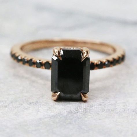 3ct Black Diamond Engagement Ring, Black Diamond Gold Engagement Ring, Black Emerald Cut Engagement Ring, Black Diamond Engagement Ring Simple, Black Emerald Cut Diamond Ring, Black And Gold Engagement Ring, Black Sapphire Engagement Ring, Rings With Black Stones, Black Band Engagement Ring