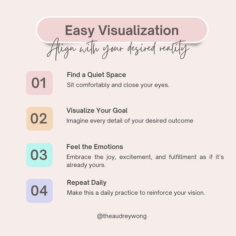 🪄 Visualization is a powerful tool for manifestation. Follow this easy visualization technique to help you align with your desired reality. ✨ Consistency is key. Do this daily for 3-10 minutes per day. 💡 What’s your favorite visualization technique? Share in the comments! ➡️ Follow @theaudreywong for more on healing your limiting beliefs & subconscious programming to more easily create your desired reality ✨ ➡️ Click on the link in my bio to subscribe to my Substack multimedia libra... Visualization Techniques Manifestation, Subconscious Programming, Desired Reality, Souls Journey, Consistency Is Key, The Savior, Abundance Mindset, High Vibes, Daily Practices