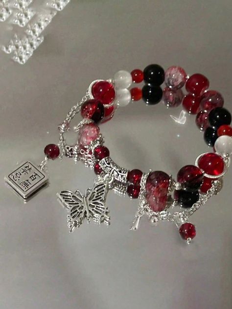 Red  Collar  Glass   Embellished   Women Fashion Jewelry Charm Bracelet Ideas Diy, Glass Bracelet Ideas, Glass Beaded Bracelets Ideas, Red Bracelet Ideas, Glass Beads Bracelet Ideas, Ideas Para Pulseras, Glass Bead Bracelet Ideas, Red Bead Bracelet, Cristal Bracelet