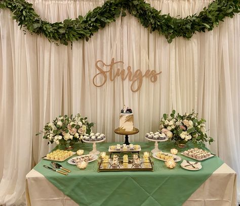 White Gold Greenery Dessert Table, Sage Cake Table Decor, Birthday Party Main Table Decor, Green White And Gold Dessert Table, Olive Green Dessert Table, Green Gold Dessert Table, Sage Green And Gold Dessert Table, Beige Bridal Shower Ideas, Green Dessert Table Ideas