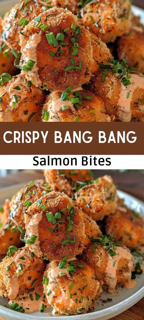 Crispy Bang Bang Salmon Bites  Air Fryer Recipe Salmon Bites Air Fryer, Bang Bang Salmon Bites, Spicy Salmon Recipes, Frozen Salmon Recipe, Bang Bang Salmon, Salmon Bites Recipe, Salmon Bites, Frozen Salmon, Yum Yum Sauce