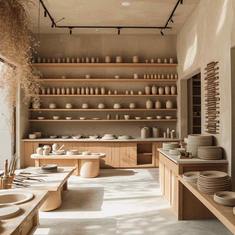 38 Innovative Ceramic Ateliers: Embracing Minimalist Design Principles Pottery Studio Architecture, Pottery Showroom, Egyptian Bedroom Ideas, Ceramic Showroom, Egyptian Bedroom, Burlap Window Treatments, Gold Things, Burlap Valance, مركز ثقافي