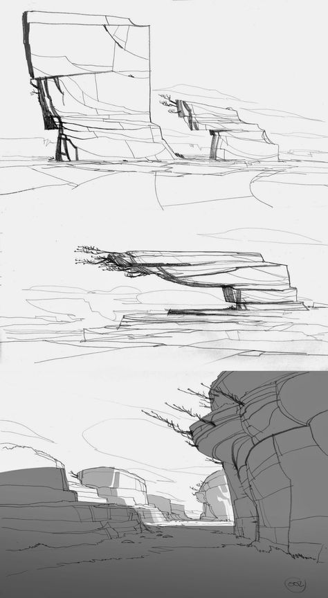 Mondocanard How To Draw Environments, How To Draw Scenery, Drawing Backgrounds Ideas Sketch, Train Concept Art, Rock Concept Art, Sketch Environment, Manga Scenery, Manga Landscape, Rocks Illustration