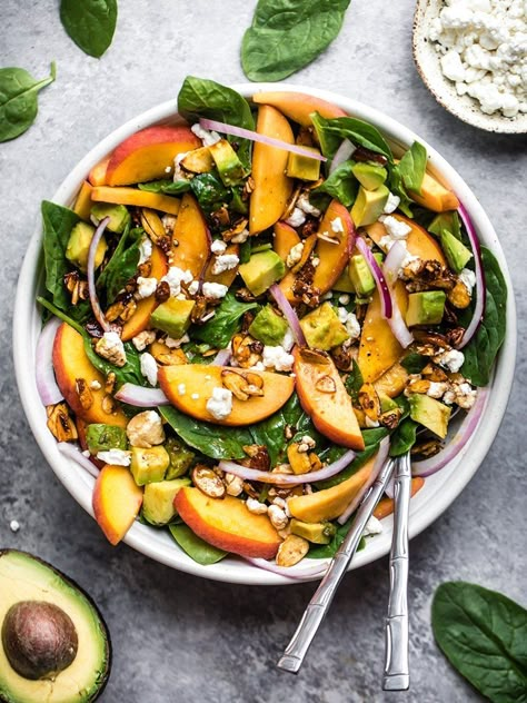 Salade Healthy, Homemade Balsamic Vinaigrette, Spinach Cheese, Cheese Spinach, Salad With Avocado, Ambitious Kitchen, Avocado Salat, Peach Salad, Stuffed Avocado Healthy