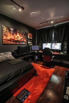 Cool Gaming Bedroom Ideas, Bedroom Gaming Ideas, Modern Gaming Bedroom, Men Cave Ideas Room, Gaming Rooms Ideas, Modern Bedroom Design For Men, Room Design For Men, Bunker Room, Guys Room Ideas