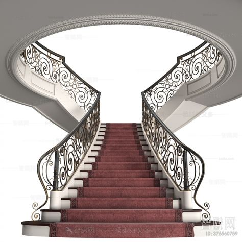 European Style Staircase 3D Model Download - Model ID.376560759 | 1miba Mansion Staircase, Uv Mapping, 3ds Max Models, Black Iron, European Style, 3d Animation, European Fashion, Mansion, Stairs