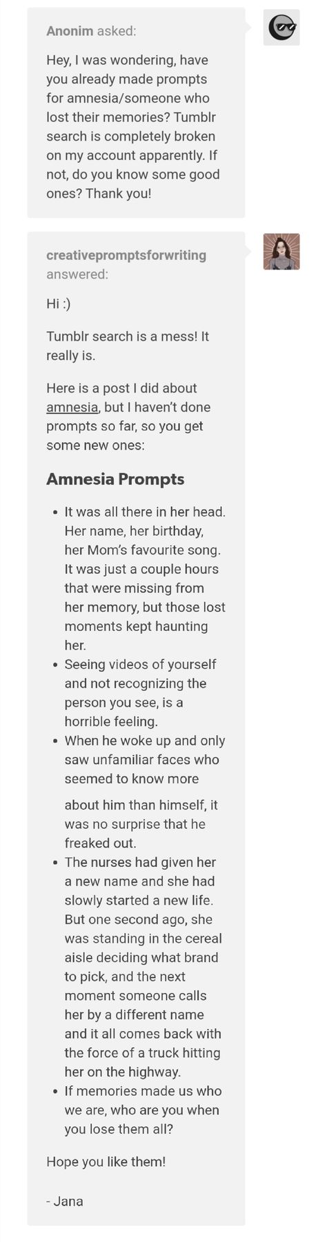 Writing Prompts Amnesia, How To Write Amnesia, Writing Amnesia, Amnesia Prompts, Amnesia Writing Prompt, Moms Favorite, Story Ideas, Writing Tips, Writing Prompts