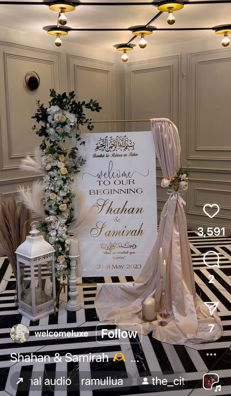 Nikah Setup Ideas, Entrance Engagement Decor, Nikkah Set Up At Home, Engagement Decorations Indian Indoor, Marquee Nikkah, White Wedding Decor Elegant Indoor, Nikkah Entrance Board, Nikkah Entrance Sign, Nikkah Inspo Decor