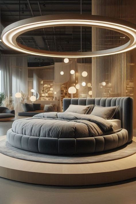 Room With Round Bed, Round Bed Designs, Circular Bedroom, Circle Bed, Mansion Aesthetic, Interior Design Sketchbook, Round Bed, Bed Interior, House Balcony Design