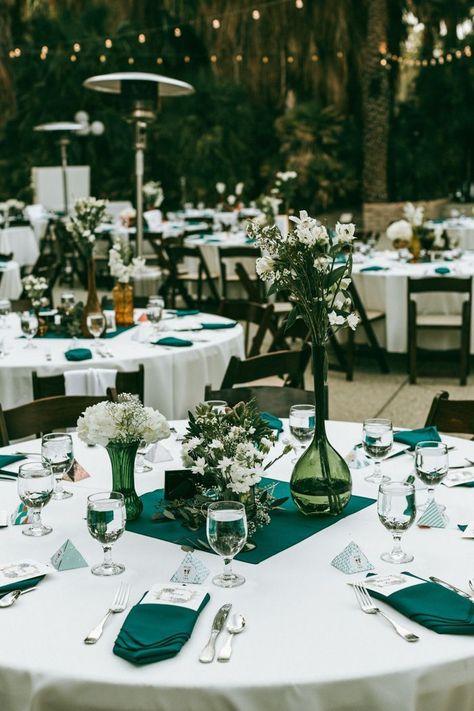 Emerald DIY wedding reception table decor | Image by Emily Star Poole Emerald Green Wedding Theme, Wedding Planning Notebook, Green Wedding Decorations, Wedding Reception Table Decorations, Diy Wedding Reception, Reception Table Decorations, Green Themed Wedding, Emerald Green Weddings, Green Wedding Colors