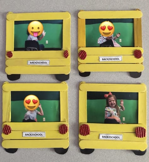 Popsicle Stick Photo Frame, Stick Photo Frame, School Bus Art, Popsicle Stick Picture Frame, School Bus Crafts, Bus Crafts, Preschool Pictures, Photo Frame Crafts, Bus Art