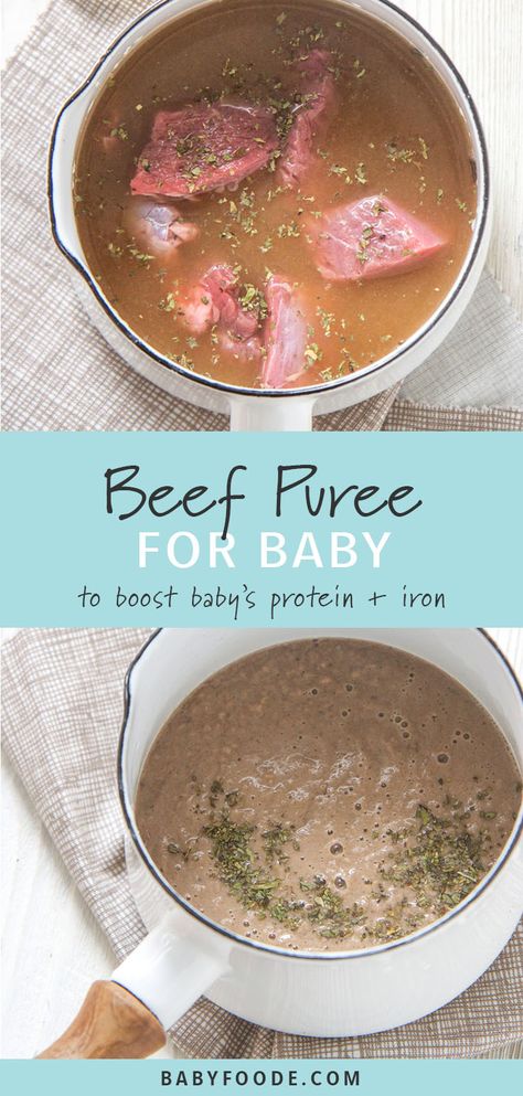 This homemade basic beef baby food puree is a great puree to add to your baby's favorite vegetable puree to boost their daily intake of protein and iron. Just add their favorite veggie puree and you've got a healthy and easy lunch or dinner for baby! Just four ingredients, and super easy to make! #baby #babyfood Beef Baby Food, Meat For Babies, Meat Baby Food, Easy Homemade Baby Food, 6 Month Baby Food, Baby Food Puree, Diy Baby Food, Healthy Sweet Snacks, Healthy Baby Food