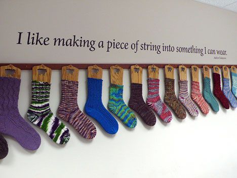 I like this for a sock display concept Yarn Display, Sock Display, Sock Store, Knitting Quotes, Socks Packaging, Knitting Humor, Craft Display, Craft Booth, Yarn Store