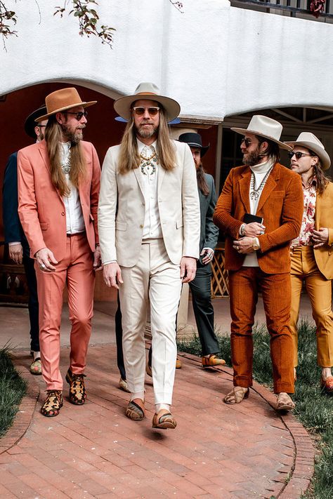 Grooms Boho Wedding Attire, Hipster Cowboy Wedding, Bohemian Wedding Groomsmen, Boho Wedding Groom Outfit, 70s Wedding Outfit Men, Interesting Groom Attire, Boho Chic Wedding Outfit Guest Men, Mens Non Traditional Wedding Attire, Boho Outfits Men Wedding