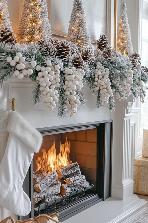 Black White And Red Christmas Mantle, Great Room Christmas Decor, Bathroom Christmas Decorations Ideas, Christmas Decor Traditional Colors, Victorian Inspired Christmas Tree, White And Red Christmas Decor Ideas, Winter Wonderland Mantel Decor, Sofa Table Behind Couch Christmas Decor Ideas, White Faux Fireplace