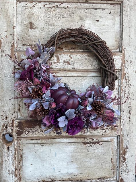 Faux Purple Pumpkin Wreath for Front Door, Wine Colored Wreath for Fall, Purple Plum Fall Wreath, Wine Colored Wreath, Purple Autumn Wreath - Etsy Purple Autumn, Halloween Arts, Wreath For Fall, Fall Purple, Purple Pumpkin, Fall Door Hangers, Autumn Magic, Purple Plum, Hanging Wreath