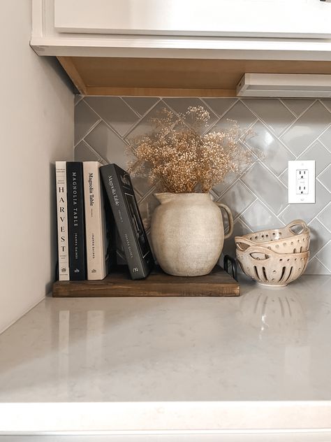 Kitchen Side Styling, Kitchen Sink Window Decor Ideas, Kitchen Counter Decor Knife Block, Picture On Kitchen Counter, Corner Of Countertop Decor, Kitchen Counter Centerpiece, Corner Kitchen Decor Countertops, Kitchen Counter Decoration Ideas, Simple Countertop Decor