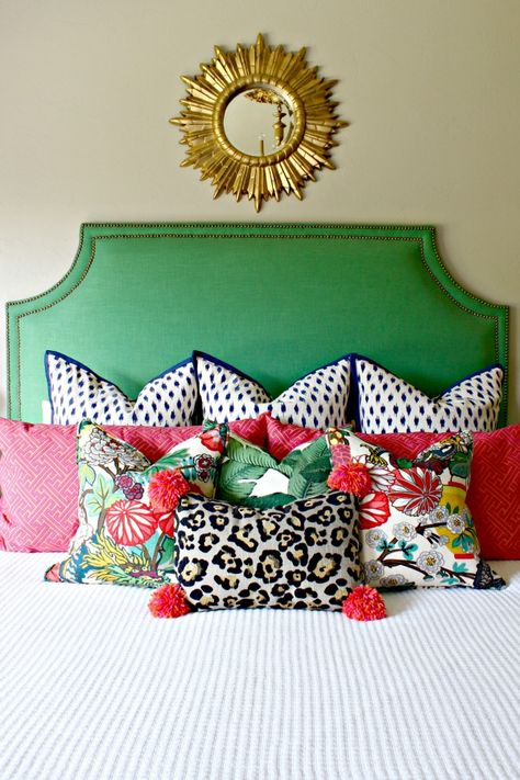 Leopard Pillows, Elsie De Wolfe, Pom Pom Pillows, Eclectic Bedroom, Pretty Pillow, Decoration Inspiration, The Design Files, Guest Bedrooms, Upholstered Headboard