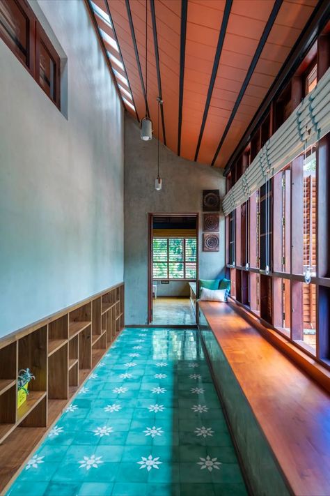 The owners, a young couple, commissioned De Earth to build a second house beside their ancestral home

#Kerala #Home #decor #interior Home Tiles Design, Kerala Home, Louver Windows, Patterned Tiles, Verdant Green, Kerala House Design, Kerala Houses, Tiles Design, House Tiles