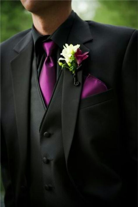 winter-black shirt and vest, plum tie, jacket for the ceremony only Gothic Wedding Theme, Wedding Tux, Suits Men, Purple Tie, Tuxedo Wedding, Groom Wear, Groomsmen Attire, Gothic Wedding, Black Suit