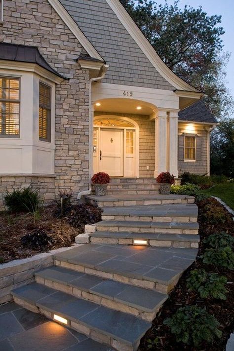 Exterior Stairs, Cottage Exterior, Front Steps, Traditional Exterior, Design Exterior, Stone House, Exterior Brick, Style At Home, Stairs Design