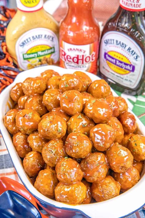 Awesome Sauce Party Meatballs – these easy party meatballs are AWESOME! They are always the first thing to go at our parties. Frozen meatballs, honey mustard dressing, teriyaki sauce, and hot sauce. Ready to eat in under 30 minutes. Can also slow cook in the crockpot. Great for tailgating, potlucks, and holiday parties! Equally delicious as a main dish. Apps For Large Parties, Crock Pot Finger Food Ideas, Crockpot Chicken Meatballs, Party Meatball Recipes, Bbq Foods, Party Meatballs, 12 Birthday, Meatball Recipes Easy, Honey Mustard Dressing