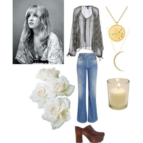 I love this casual Stevie Nicks inspired outfit. necklace is my most favourite,  I would probably change over the shoes, not big on clog style, but a nice flat light brown coloured boot would work. Stevie Nicks Outfits Inspiration Fall, Concert Outfit Ideas Jeans, Stevie Nicks Inspired Outfits, Stevie Nicks Concert Outfit Ideas, Stevie Nicks Concert Outfit, Stevie Nicks Outfits Inspiration, Stevie Nicks Outfits, Style Language, Stevie Nicks Concert