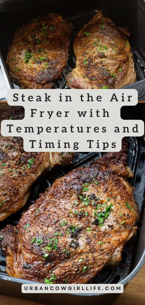 Unlock the secrets to perfect Air Fryer Steak with this simple guide, featuring foolproof temperatures and timing for delicious results every time!| steak in the air fryer, steak in the air fryer recipe, steak in air fryer how to cook, steak in air fryer, air fryer recipes, easy dinner recipes| Air Fryer Steaks Rib Eye, Air Frying Steak, Steak Air Fryer Times, Steaks In Air Fryer How To Cook, Steak Airfryer Recipe, Sirloin Steak In Air Fryer How To Cook, Well Done Steak In Air Fryer, How To Cook Steak In The Airfryer, Steak Cooked In Air Fryer