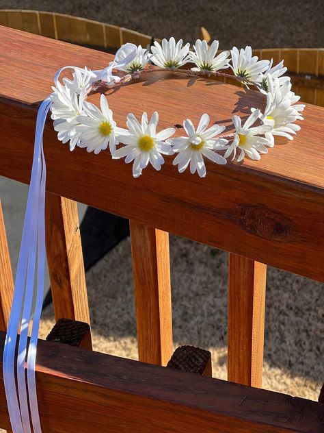 Daisy Wedding Theme, Yellow Flower Crown, Daisy Crown, Flower Girl Halo, Girls Halo, Ribbon Streamers, Flower Head Wreaths, Wedding Flowers Sunflowers, Festival Booth