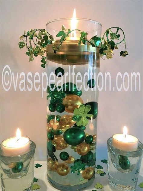 Shamrock Floating Green and Gold Pearls Vase Fillers Gold Floating Candles, Vase Decorations, Pearl Centerpiece, Event Centerpiece, Water Beads, Gold Candles, Unique Vases, Green Pearls, Vase Fillers