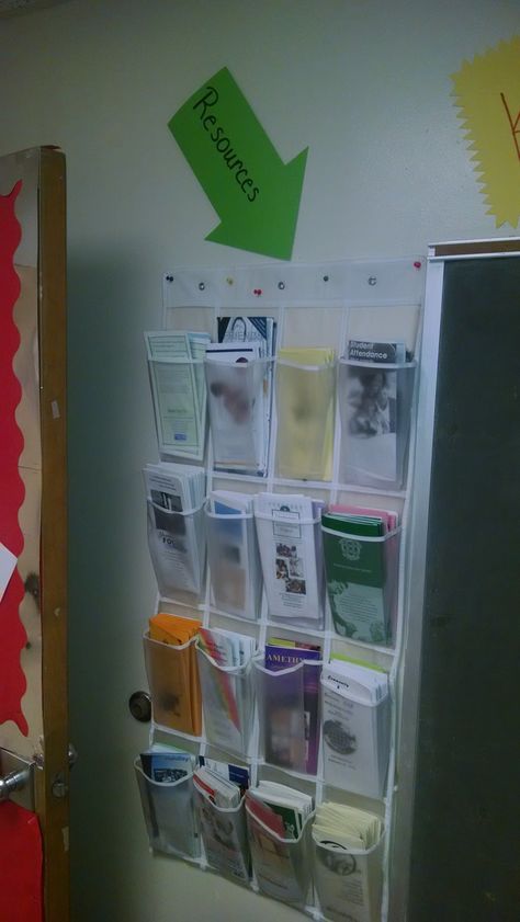 School Social Work Office-great way to store and share brochures- by Melanie Lee of Grimsley High School North Carolina College Counselor Office Decorating Ideas, School Social Work Office Decorations High School, Parent Liaison Office Ideas, Elementary School Social Work Office, High School Social Work Office, School Social Work Office Ideas, Care Closet For School, Social Work Office Ideas, School Nurse Office Organization