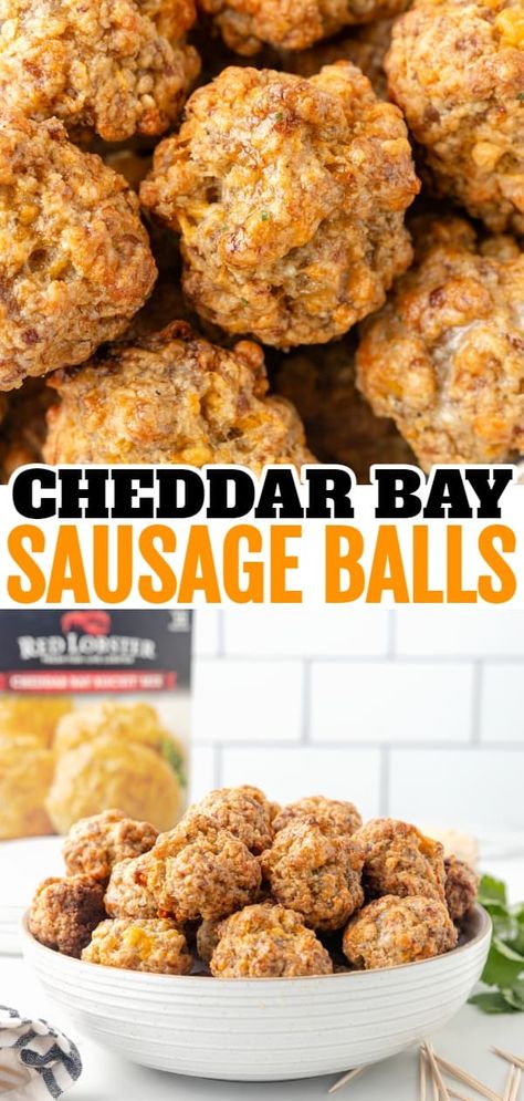 Cheddar Bay Sausage Balls are delicious bite sized balls made with sausage meat, shredded cheddar cheese and Red Lobster Cheddar Bay Biscuit mix. Grilled Cheese Social Sausage Balls, Old Bay Sausage Balls, Cheddar Bay Sausage Balls Cream Cheeses, Cheddar Bay Biscuit Appetizer, Sausage Balls Made With Red Lobster, Red Lobster Spicy Sausage Balls, Firecracker Sausage Balls, Red Lobster Cheddar Bay Biscuit Sausage Balls, Cheddar Bay Sausage Biscuits