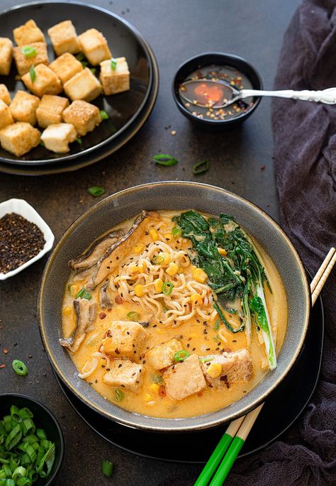 Miso Coconut Ramen, Tofu Miso Recipes, White Miso Ramen Recipe, Tofu Ramen Soup, Miso Based Soup, Miso Soup With Rice Noodles, Firm Tofu Soup, Kimchi Tofu Ramen, Miso Noodle Soup Recipe