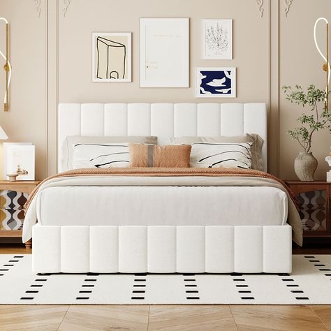 This beautiful Upholstered Platform Bed features upholstered headboard that adds a contemporary chic look to your bedroom and filled in thick foam to add extra comfort. Bed Headboard Ideas Aesthetic, Aesthetic Bed Frame, Upholstered Storage Bed, Bed Color, Bed Headboard, Beds And Headboards, Vanilla Girl, Headboard Designs, Wood Platform Bed