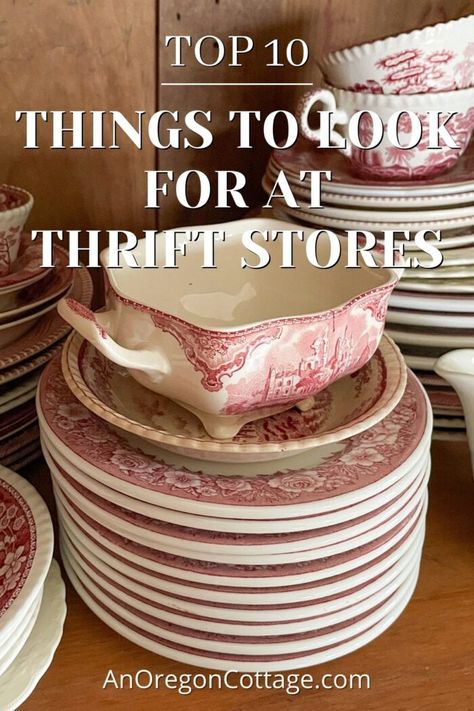 Vintage Repurposed Items Upcycling, Farmhouse Kitchen Dishes, Trash To Treasure Ideas Thrift Store Finds, Pottery Clothes, Thrifted Kitchen Decor, Pnw Farmhouse, Thrift Store Tips, Farmhouse Idea, Oregon Cottage