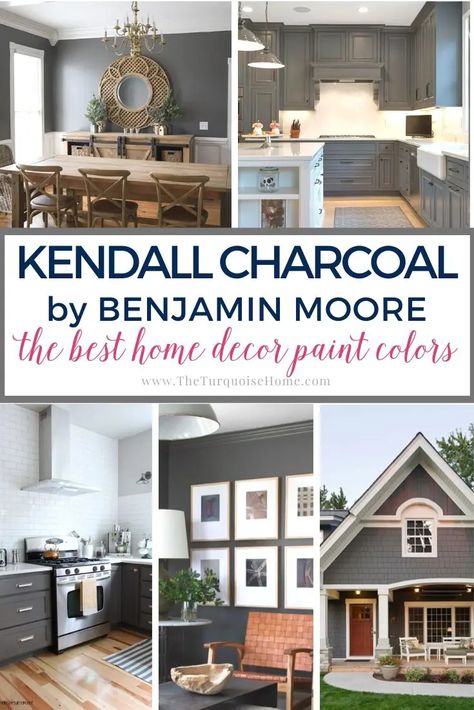 Benjamin Moore Kendall Charcoal - a rich, moody dark paint color that looks beautiful in any room! Stunning! #paintcolor #kendallcharcoal #benjaminmoore #diyhomedecoronabudget Kendall Charcoal Bathroom Walls, Kendall Benjamin Moore Charcoal, Kendall Grey Benjamin Moore, Dark Grey Benjamin Moore Paint, Dark Gray With Green Undertones, Bm Kendall Charcoal Cabinets, Kendall Charcoal Vs Iron Ore, Benjamin Moore Charcoal Slate, Kendall Charcoal Bathroom