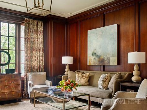 wood-paneled-library-room-102876271 Wood Paneling Living Room, Drapery Ideas, Paneled Library, Suzanne Kasler, Atlanta Homes, Drapery Panels, Wood Panel Walls, Chic Home Decor, House And Home Magazine