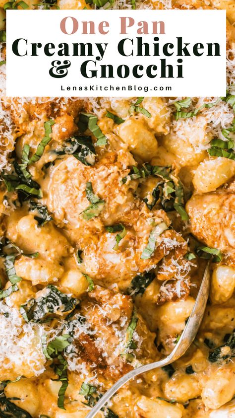 One Pan Creamy Chicken, Creamy Chicken And Gnocchi, Creamy Chicken Gnocchi, Chicken And Gnocchi, Juicy Chicken Thighs, Gnocchi Dishes, How To Cook Gnocchi, Homemade Comfort Food, Gnocchi Recipe