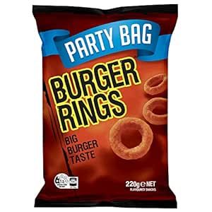 Burger Rings, Party Bag, 220g by Smith's Australian Snacks, Unique Burgers, Big Burgers, Corn Snacks, Flavor Enhancers, Vegetable Protein, Snack Chips, Party Rings, Snack Mix