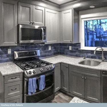 Subway Tile Backsplash | TileBar.com Gray Cabinets With Blue Backsplash, Kitchen Flooring With Gray Cabinets, Cabnits For Small Kitchen, Small Kitchen Cabinets Ideas Layout, Grey And Blue Kitchen Ideas, Kitchen Ideas Grey Cabinets, Blue And Grey Kitchen Ideas, Kitchen Color Ideas For Walls, Very Small Kitchen Ideas Layout