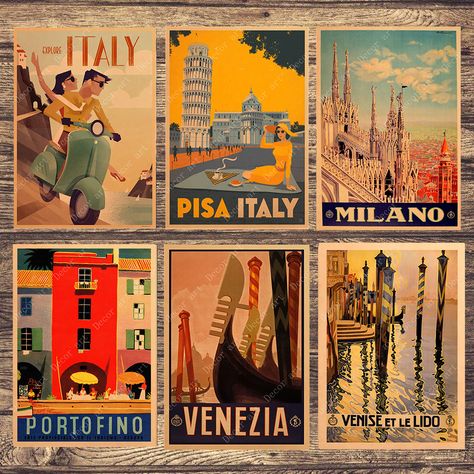 Italy Postcard Vintage, Italian Vintage Posters, Vintage Italian Postcards, Vintage Wall Pictures, Italy Icons, Italy Stickers, Italia Aesthetic, Canvas Painting Vintage, Italy Postcard