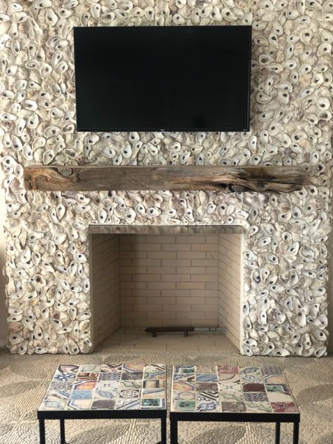 Oyster Fireplace Surround, Oyster Shell Fireplace Surround, Oyster Shell Fireplace, Shell Fireplace Surround, Oyster Fireplace, Seashell Fireplace, Tabby Fireplace, Shell Fireplace, Coastal Fireplace Ideas