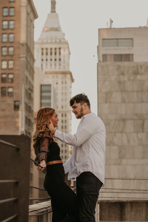 Couples Photoshoot Location Ideas, Downtown Couple Pictures, Couple Picture Ideas Downtown, Rooftop Parking Garage Engagement Photos, Couple Poses Parking Garage, Toronto Couple Photoshoot, City Couple Poses, Couples Photoshoot Parking Garage, Parking Deck Photoshoot Couples