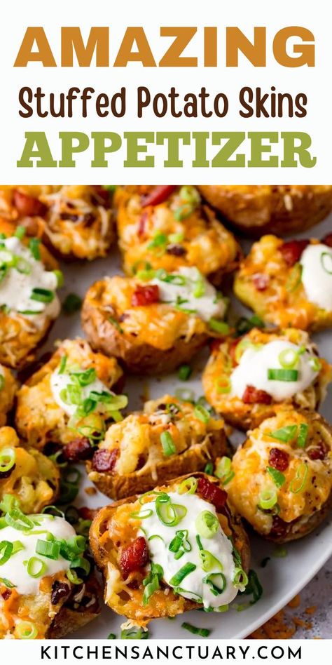 Our Amazing Stuffed Potato Skins Appetizer will be the highlight of your gathering. Crispy potato halves are packed with a creamy, cheesy mix of pancetta, cheddar, and red Leicester. Baked to perfection and topped with a dollop of sour cream and fresh spring onions, these appetizers are a guaranteed crowd-pleaser. Perfect for game days or cozy gatherings, they deliver rich flavors in every bite. Potato Skins Appetizer, Crowd Pleaser Appetizers, Stuffed Potato Skins, Buttery Potatoes, Stuffed Potato, Potato Appetizers, Crunchy Potatoes, Homemade Pasta Recipe, Bite Size Food