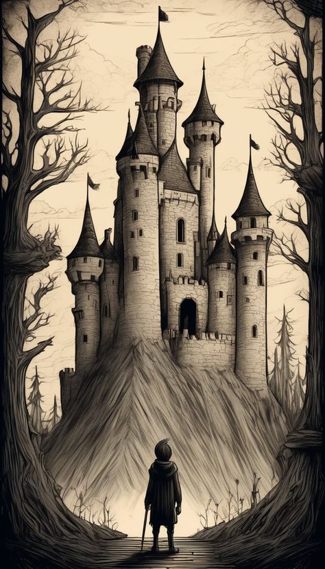 Dragon Castle Drawing, Castle On A Hill Drawing, Gothic Castle Sketch, Fairytale Castle Drawing, Fairytale Castle Illustration, Gothic Castle Drawing, Castle Drawing Easy, Castle Drawings, Palace Drawing