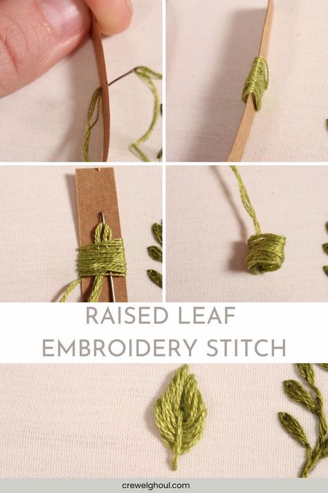 Learn how to make this 3d leaf embroidery using the raised leaf stitch. This is a technique that's commonly seen in stumpwork embroidery... 3d Leaf Embroidery, How To Make Embroidery, 3d Embroidery Stitches, 3d Embroidery Techniques, Stumpwork Embroidery, Leaf Stitch, Embroidery Leaf, Embroidery Lessons, Embroidered Leaves