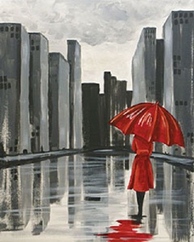 The Red Umbrella Deserted City, Umbrella Painting, Rain Painting, Umbrella Art, Red Umbrella, Family Painting, Volunteer Work, Acrylic Oil Painting, Painting Lessons